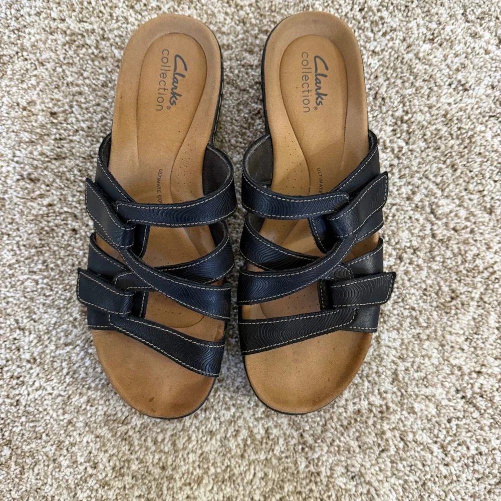 Clarks Collection Womens Black Wedge Slide Sandals Adjustable Straps‎ Size 8.5